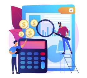 ilustración de dos personas de pie analizando tableros con graficos de barras y haciendo calculos monetarios